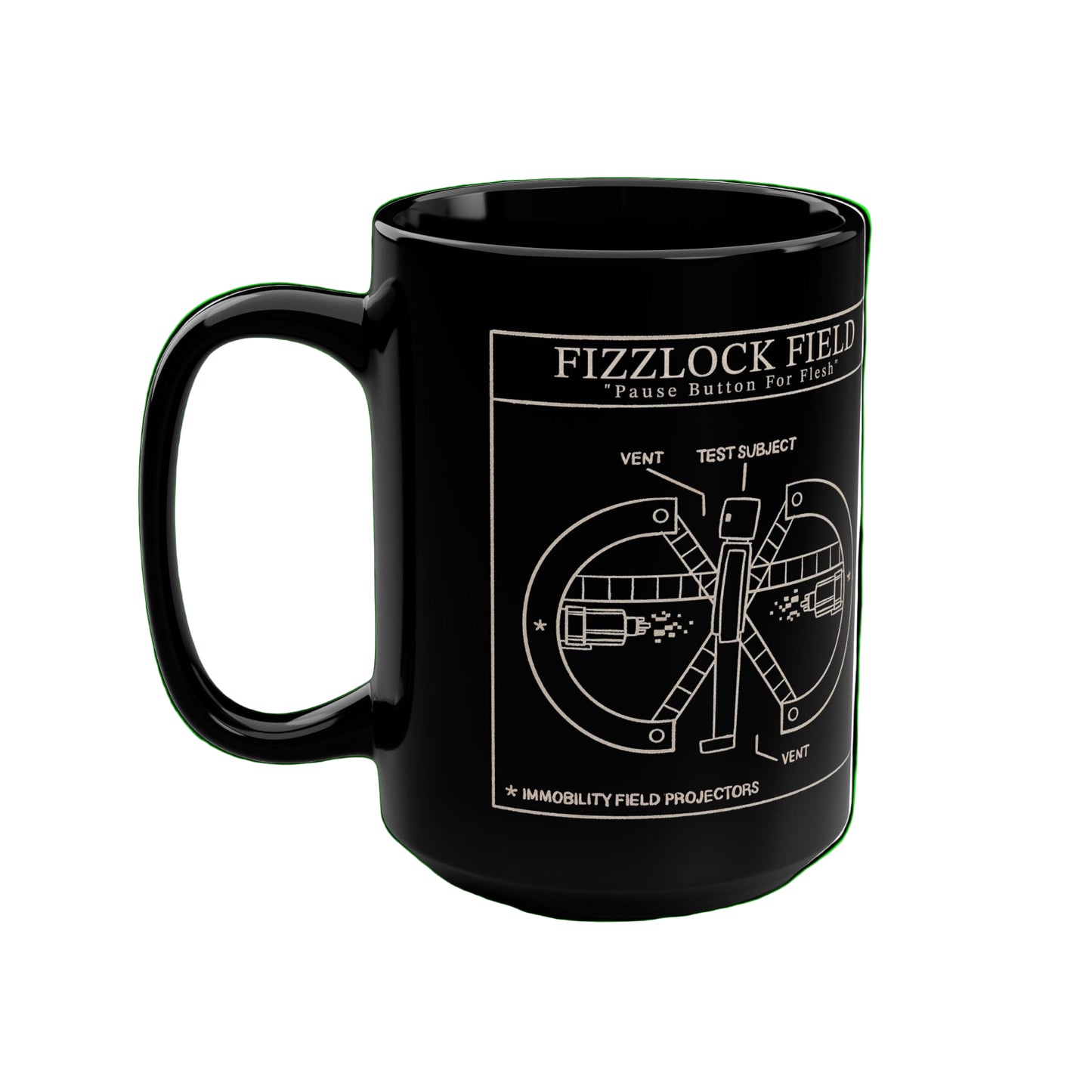 Black mug with white chalk schematic design on a black background