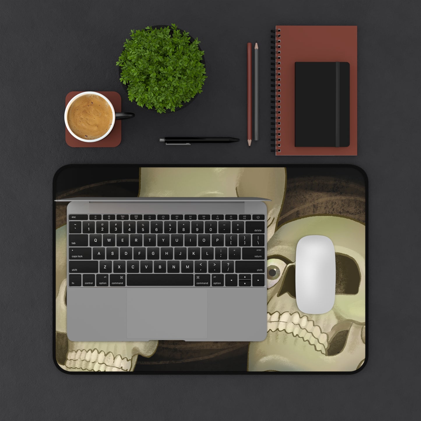 Soda Skull Trio Desk Mat — Spooky Gothic Skull Mouse Pad for Cool People