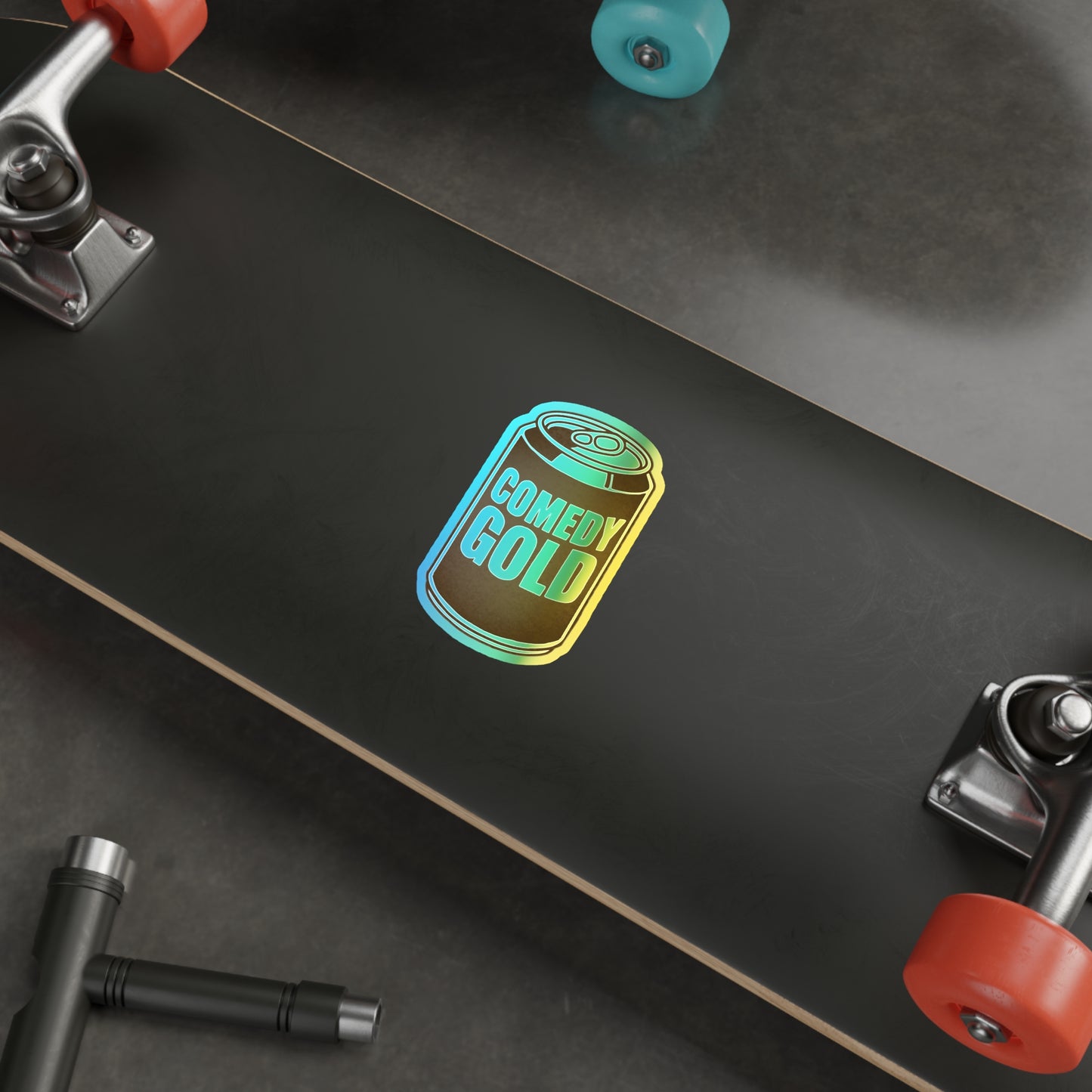 Comedy Gold Holographic Die-Cut Sticker — Iridescent Soda Can Accent