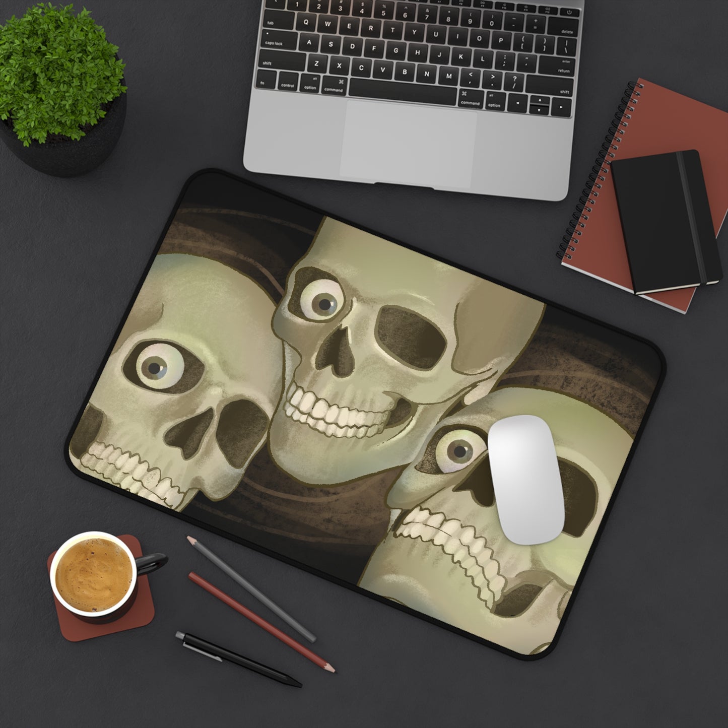Soda Skull Trio Desk Mat — Spooky Gothic Skull Mouse Pad for Cool People