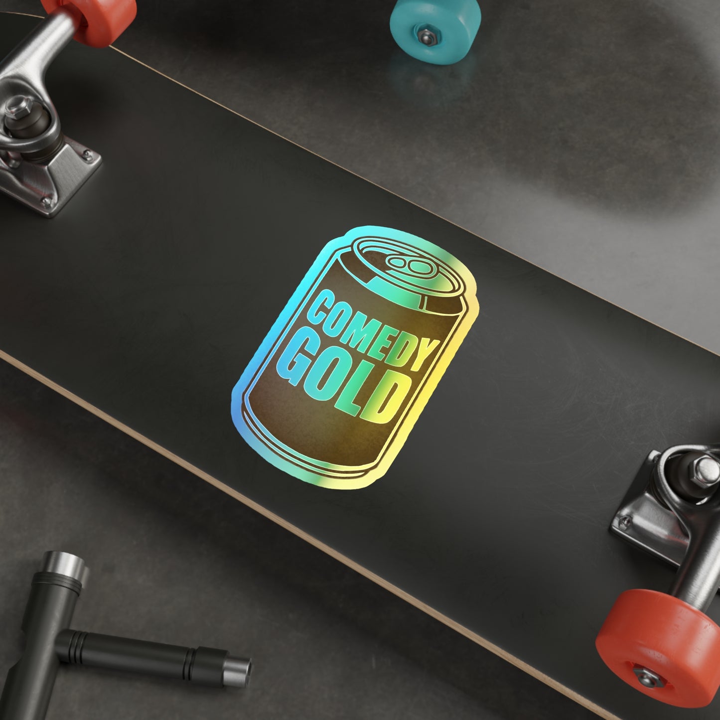 Comedy Gold Holographic Die-Cut Sticker — Iridescent Soda Can Accent