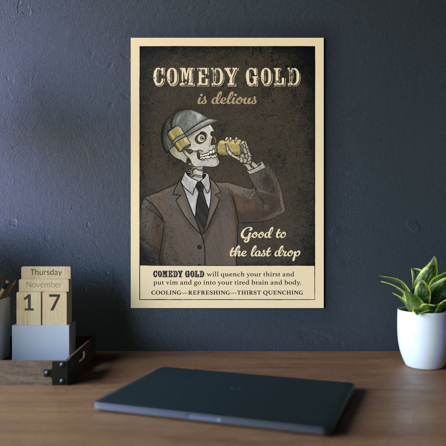Comedy Gold Poster Aluminum Panel — Retro Skeleton Beverage Art