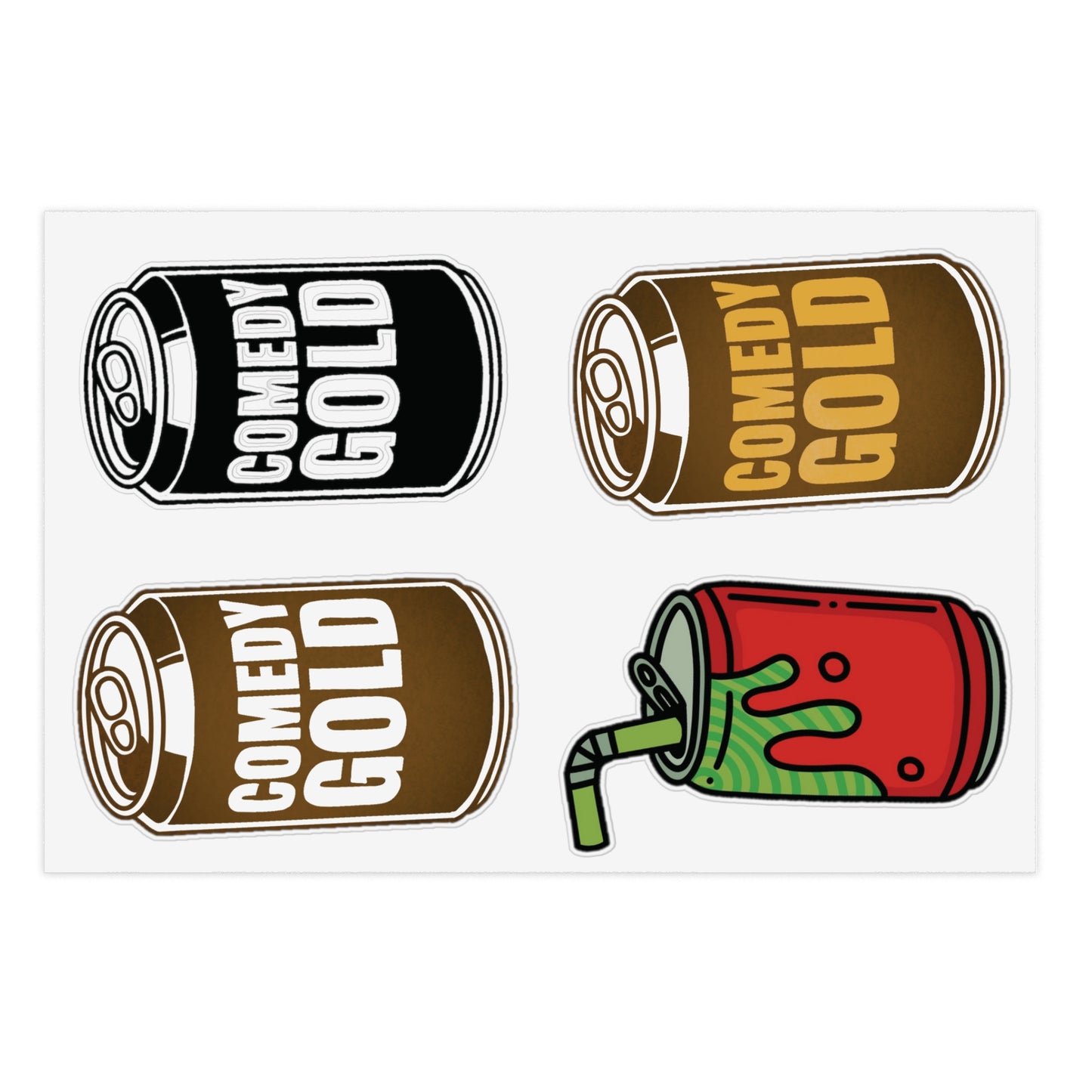 Comedy Gold Soda Can Sticker Sheet — 5-Piece Holographic Drink Stickers