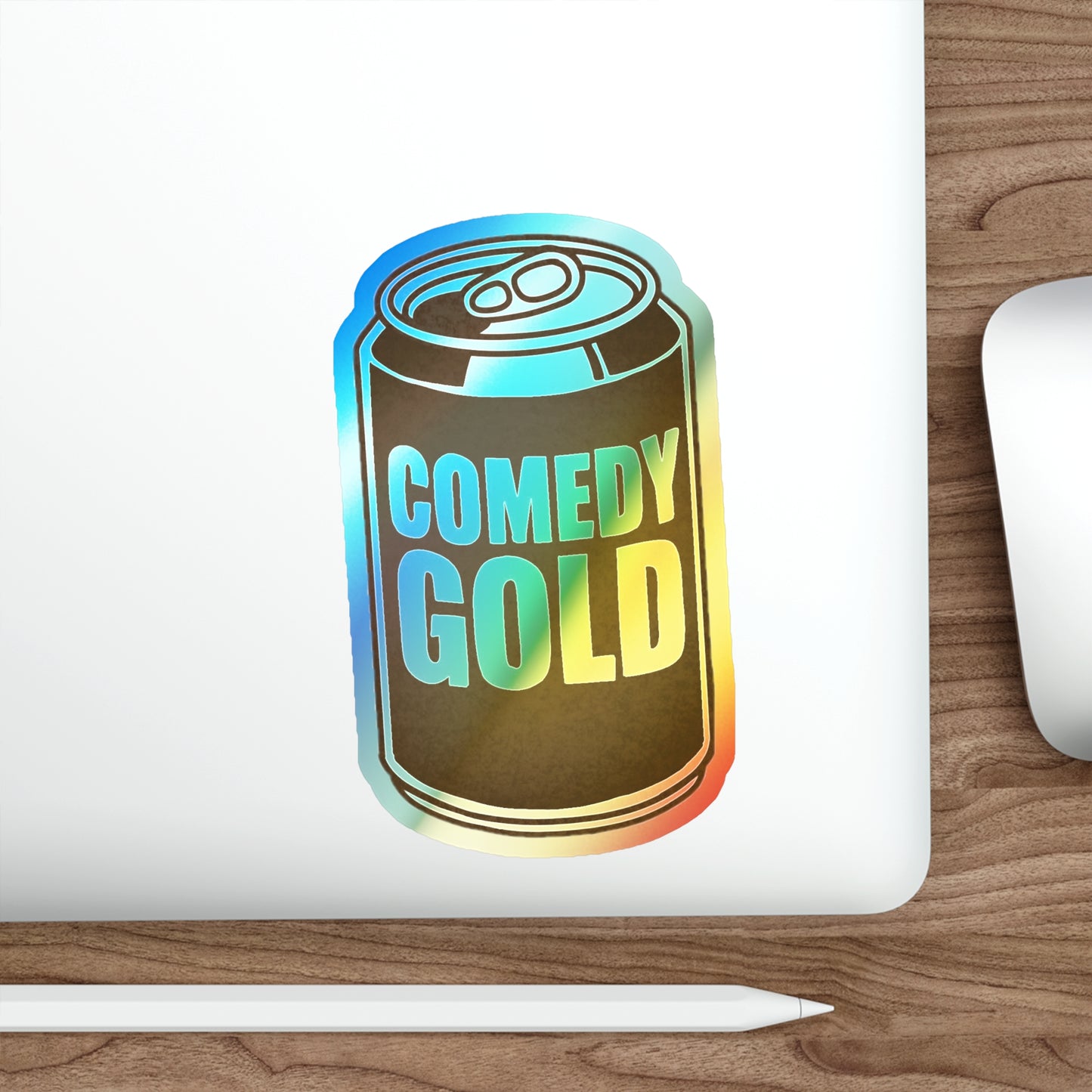 Comedy Gold Holographic Die-Cut Sticker — Iridescent Soda Can Accent