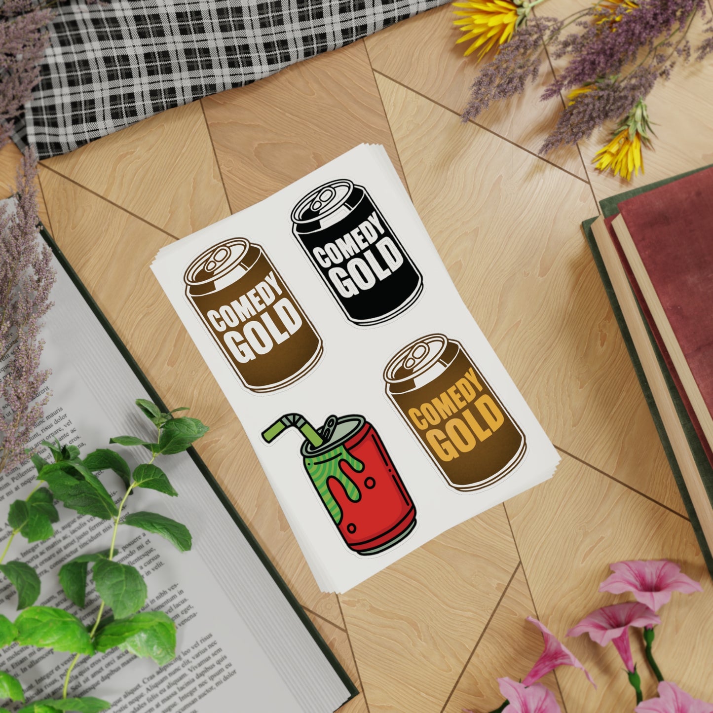 Comedy Gold Soda Can Sticker Sheet — 5-Piece Holographic Drink Stickers