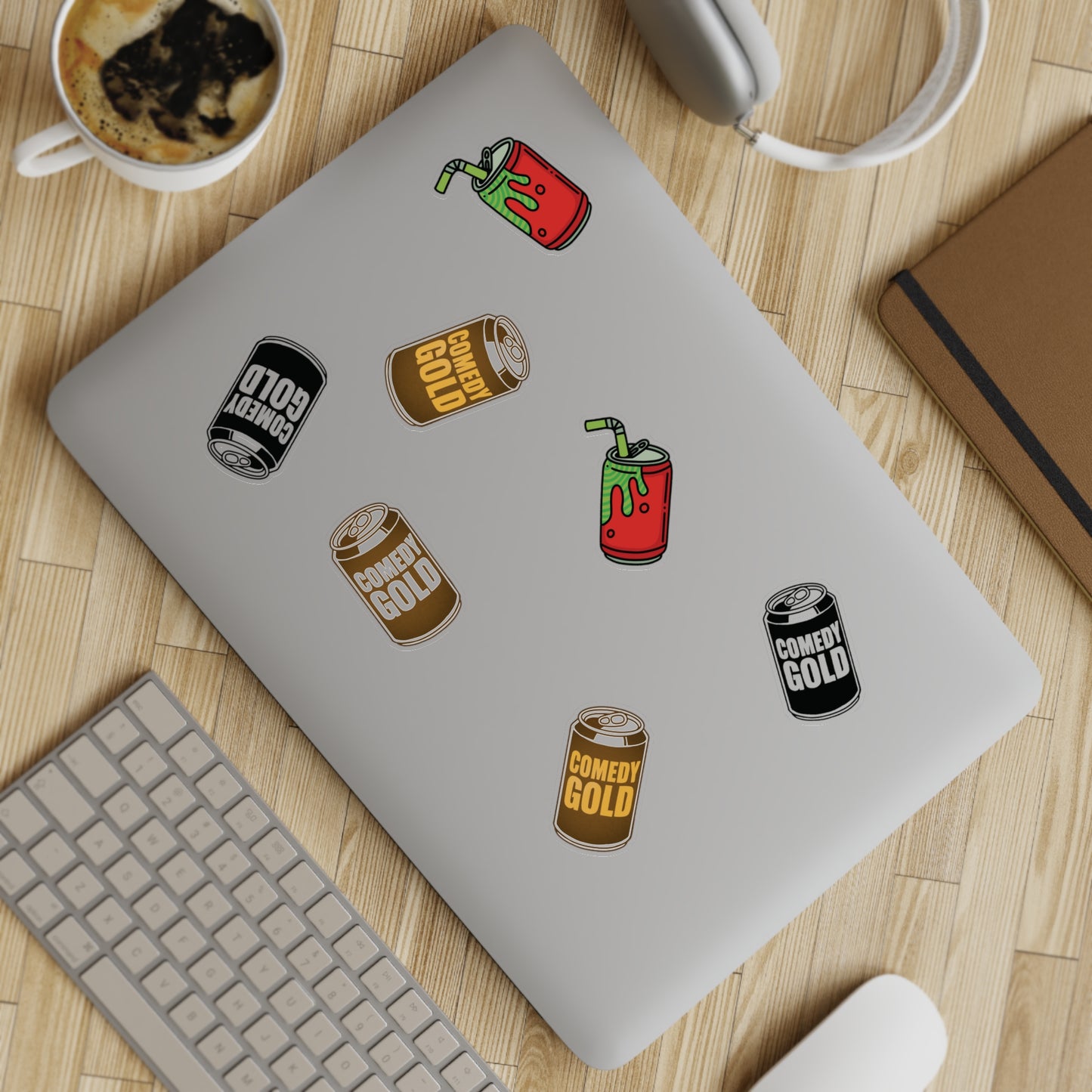Comedy Gold Soda Can Sticker Sheet — 5-Piece Holographic Drink Stickers