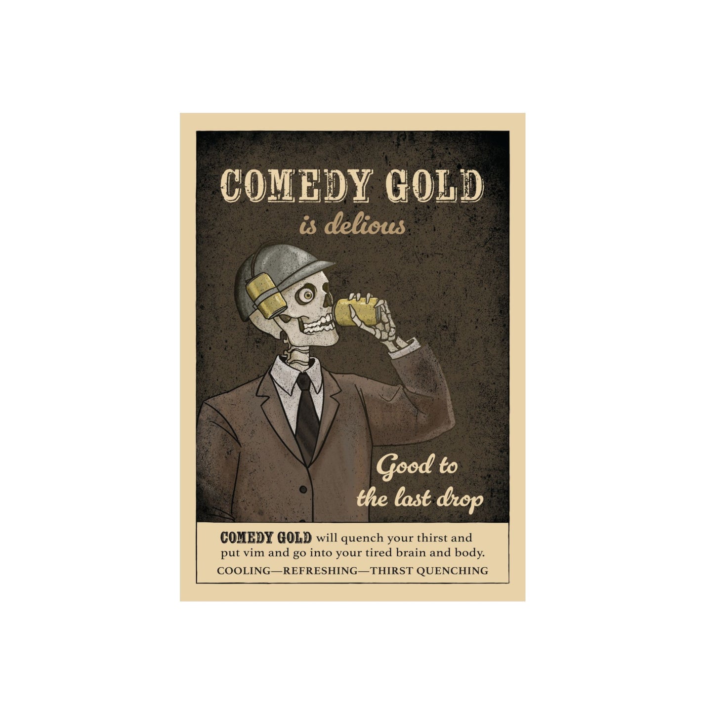 Comedy Gold Poster Aluminum Panel — Retro Skeleton Beverage Art