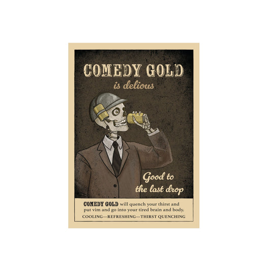 Comedy Gold Poster Aluminum Panel — Retro Skeleton Beverage Art