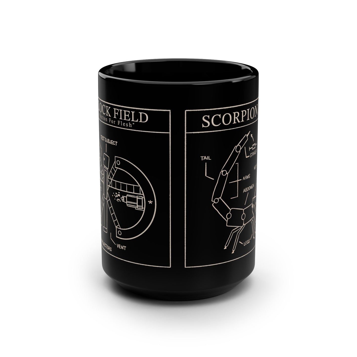 Schematics Black 15oz Mug — Scorpion and Lock Diagram Coffee Cup