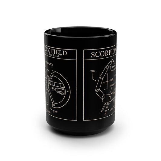 Schematics Black 15oz Mug — Scorpion and Lock Diagram Coffee Cup