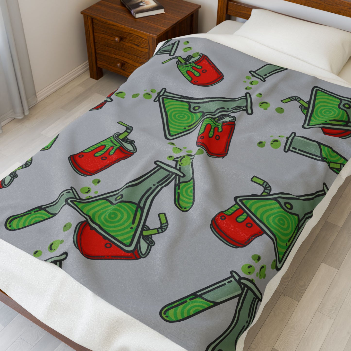 Science Potion Pattern Velveteen Plush Blanket – Cute Green & Red Beakers Throw for Kids, Teens & Science Lovers