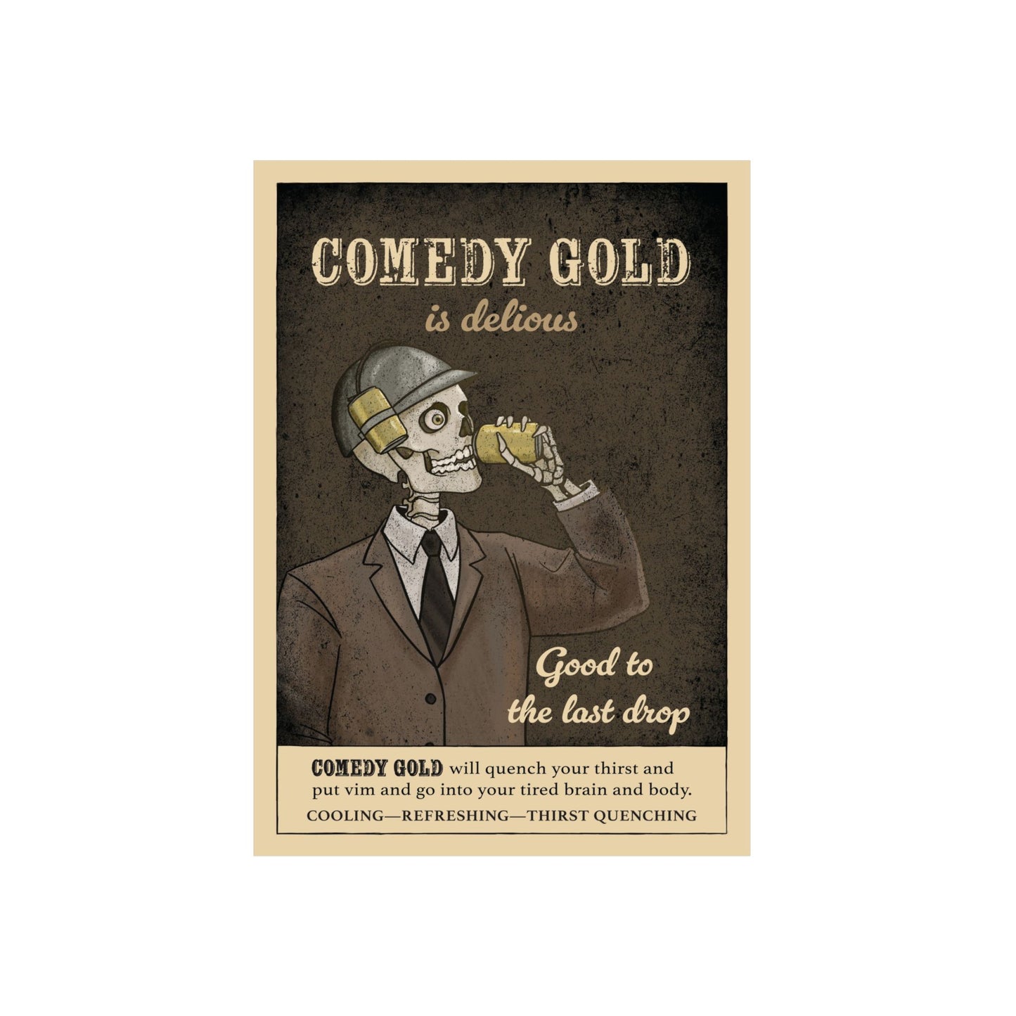 Comedy Gold Poster Aluminum Panel — Retro Skeleton Beverage Art