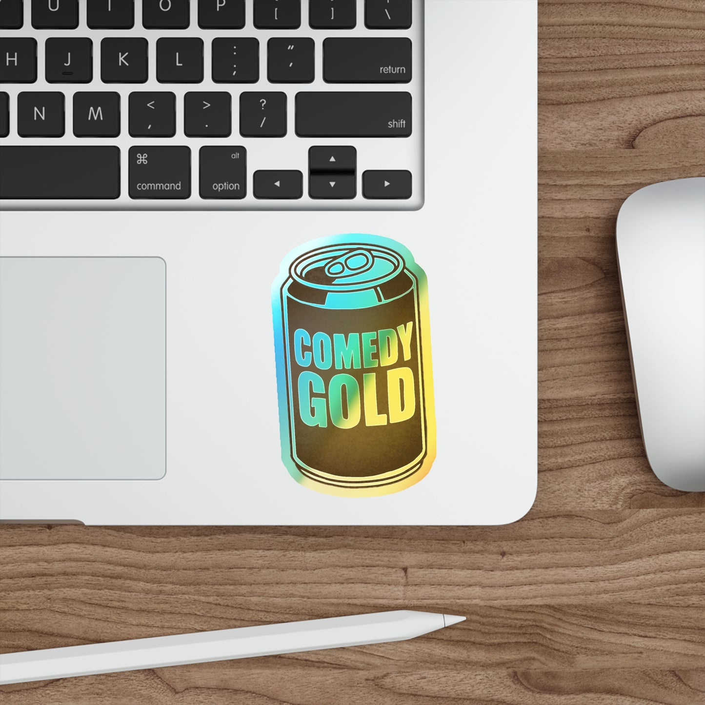Comedy Gold Holographic Die-Cut Sticker — Iridescent Soda Can Accent