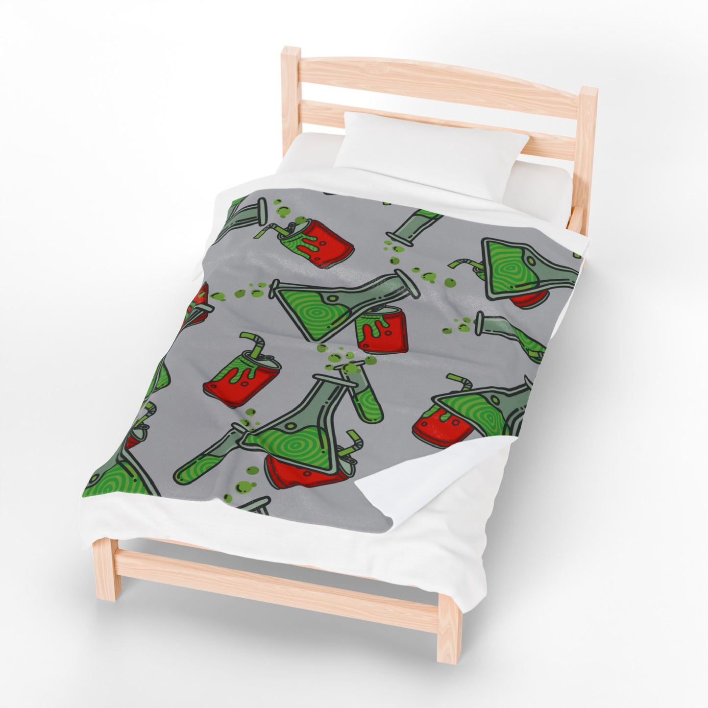 Science Potion Pattern Velveteen Plush Blanket – Cute Green & Red Beakers Throw for Kids, Teens & Science Lovers