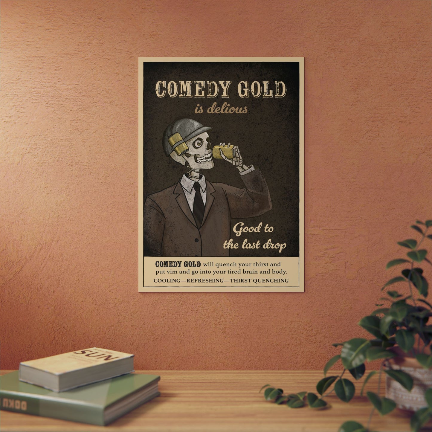Comedy Gold Poster Aluminum Panel — Retro Skeleton Beverage Art
