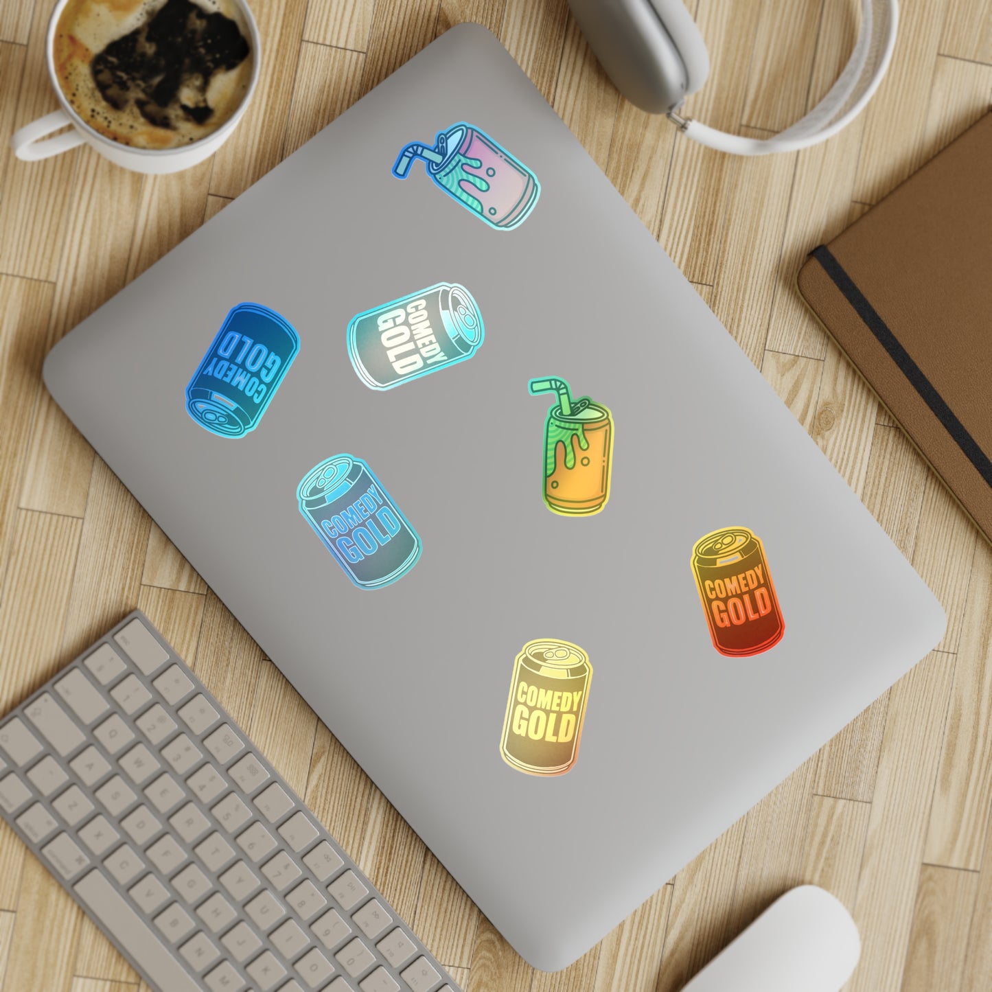 Comedy Gold Soda Can Sticker Sheet — 5-Piece Holographic Drink Stickers