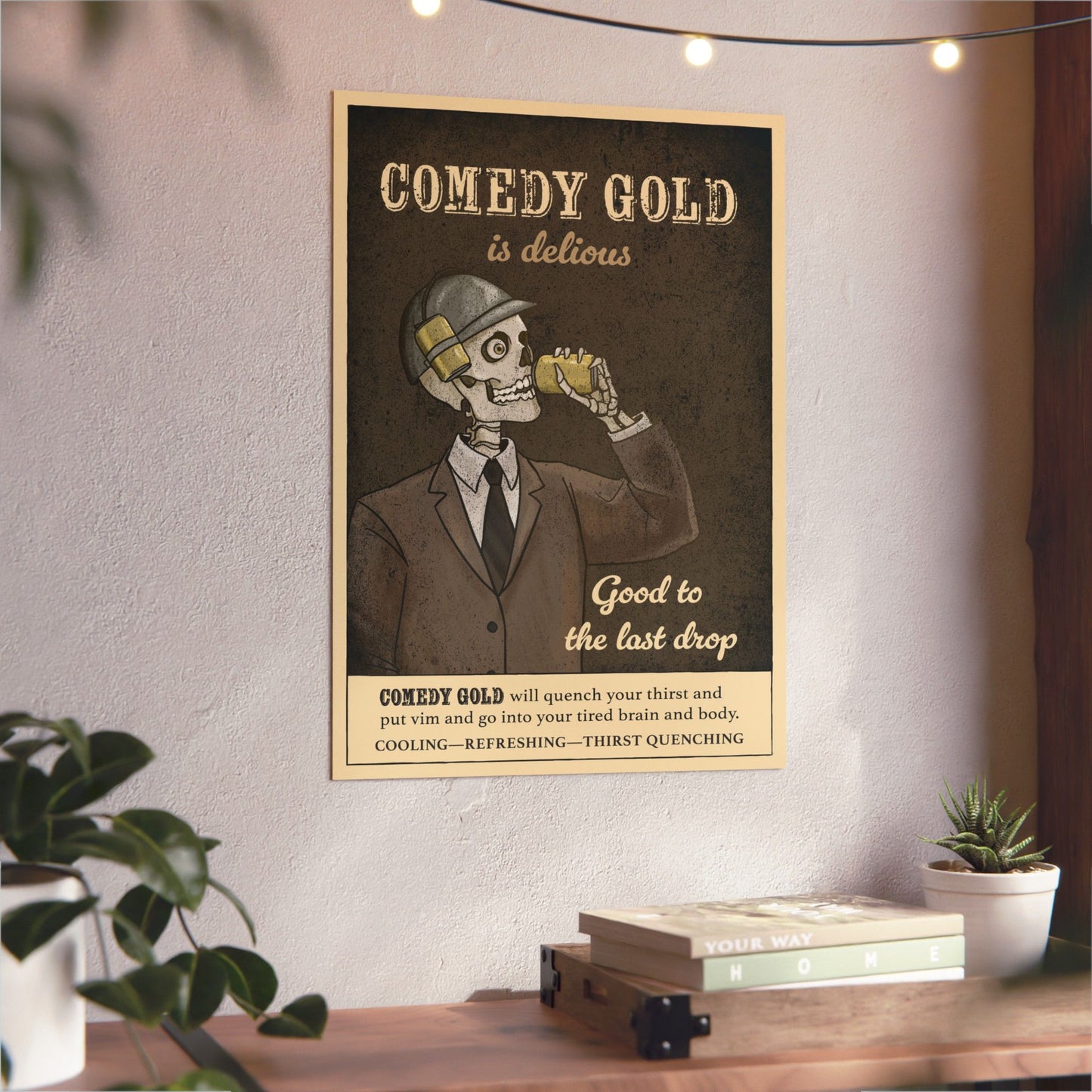 Comedy Gold Poster Aluminum Panel — Retro Skeleton Beverage Art