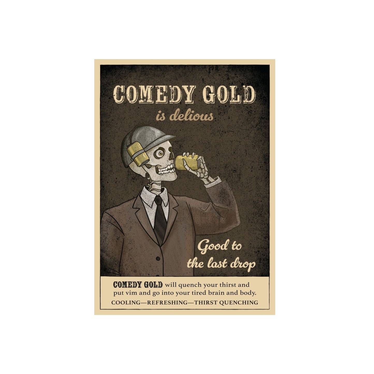 Comedy Gold Poster Aluminum Panel — Retro Skeleton Beverage Art