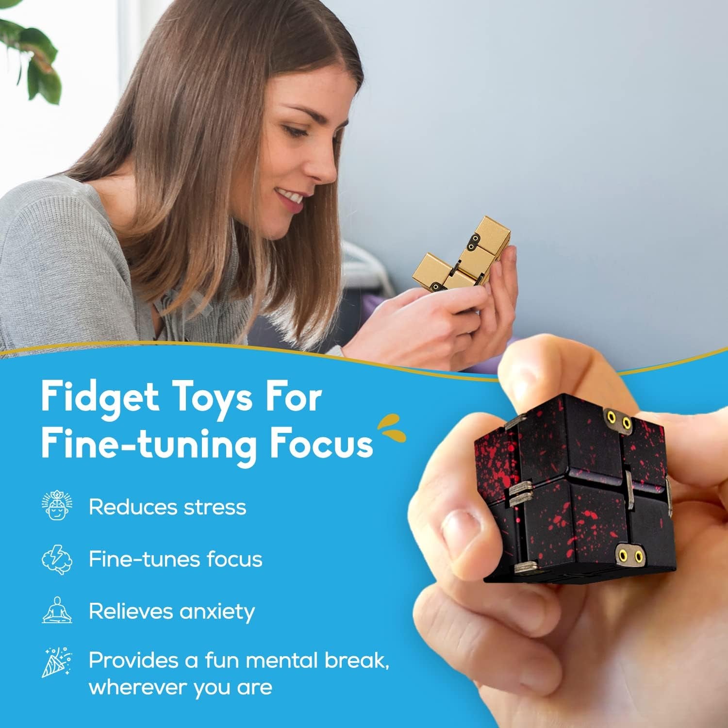 Thefube Infinity Cube Fidget Desk Toy - Aluminum Infinite Magic Cube with Case, Sturdy, Heavy, Relieve Stress and Anxiety, for ADD, ADHD, OCD (Black Red)