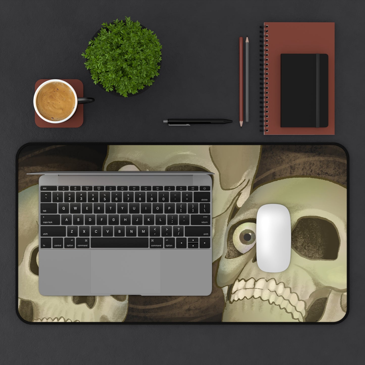 Soda Skull Trio Desk Mat — Spooky Gothic Skull Mouse Pad for Cool People