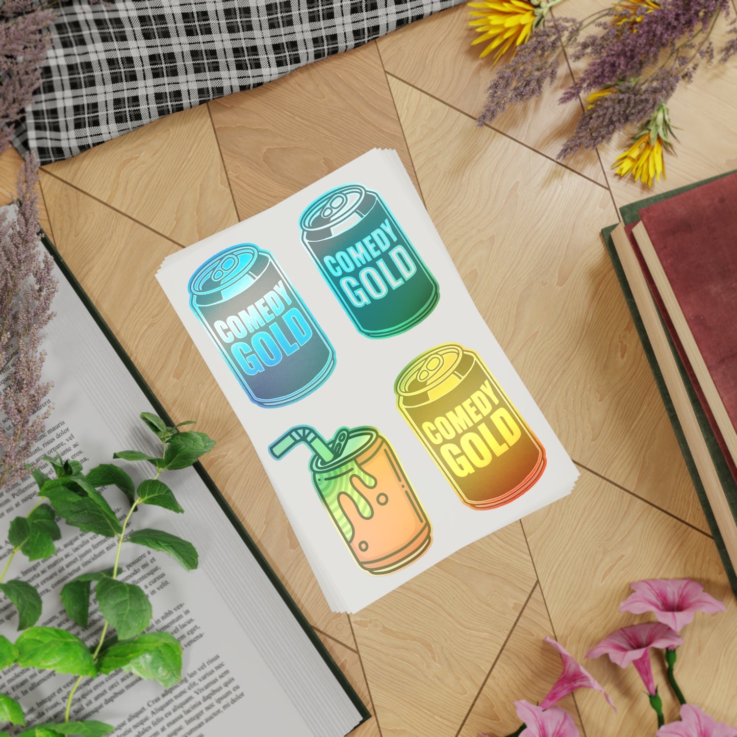 Comedy Gold Soda Can Sticker Sheet — 5-Piece Holographic Drink Stickers