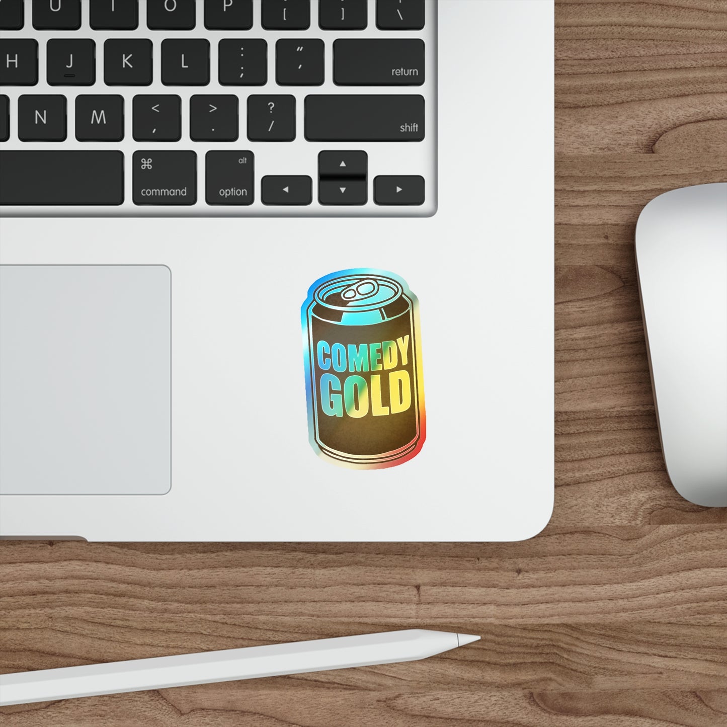 Comedy Gold Holographic Die-Cut Sticker — Iridescent Soda Can Accent