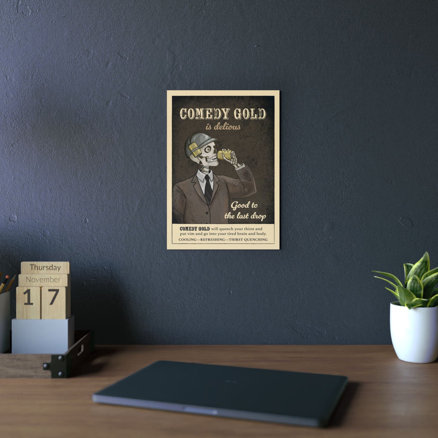 Comedy Gold Poster Aluminum Panel — Retro Skeleton Beverage Art