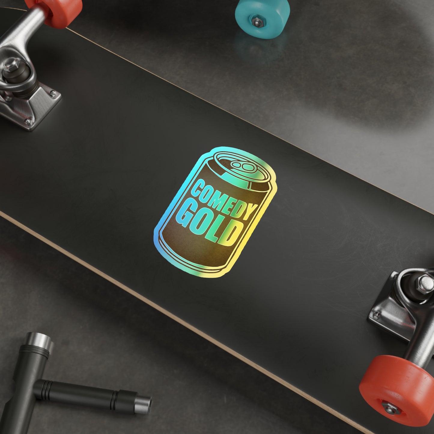 Comedy Gold Holographic Die-Cut Sticker — Iridescent Soda Can Accent