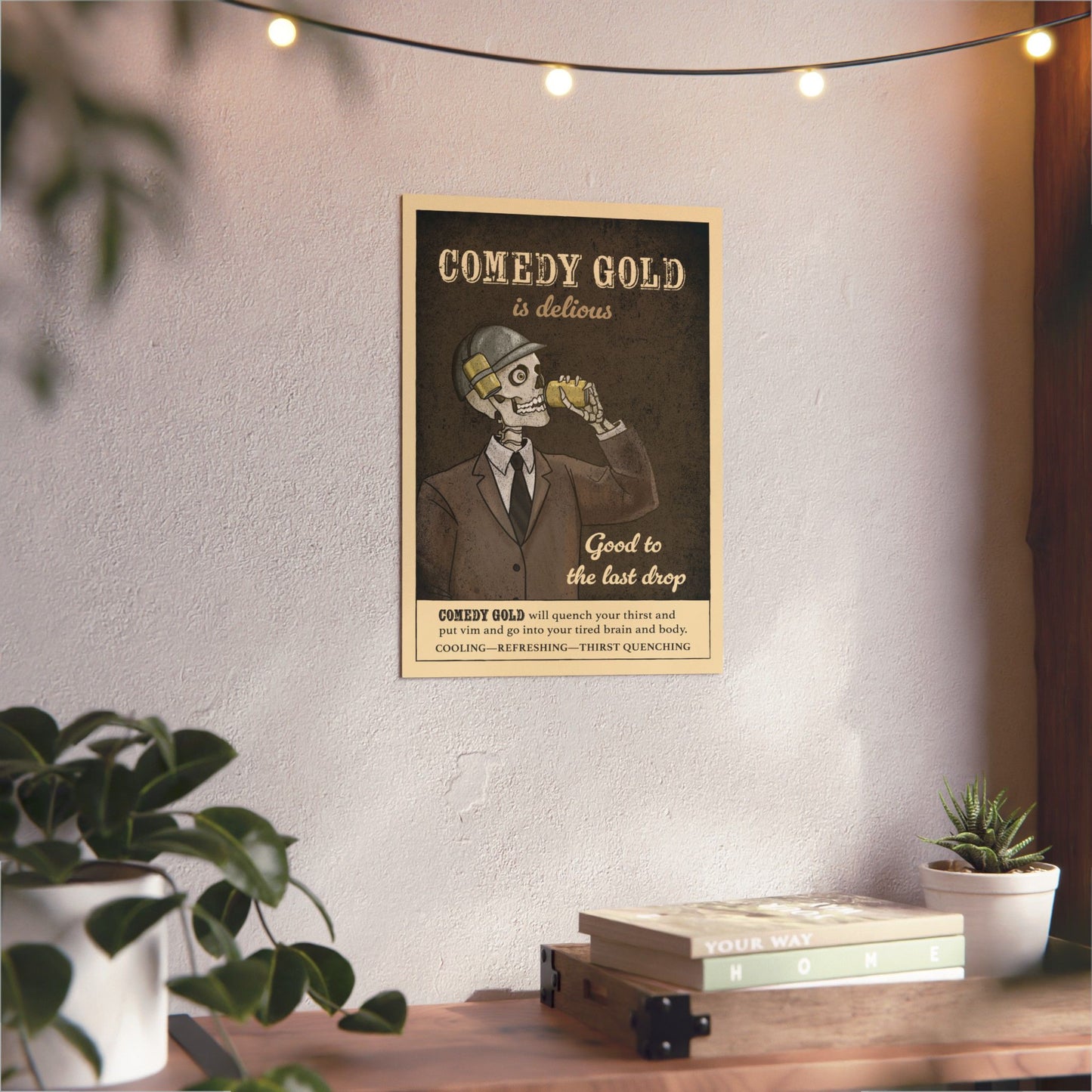 Comedy Gold Poster Aluminum Panel — Retro Skeleton Beverage Art
