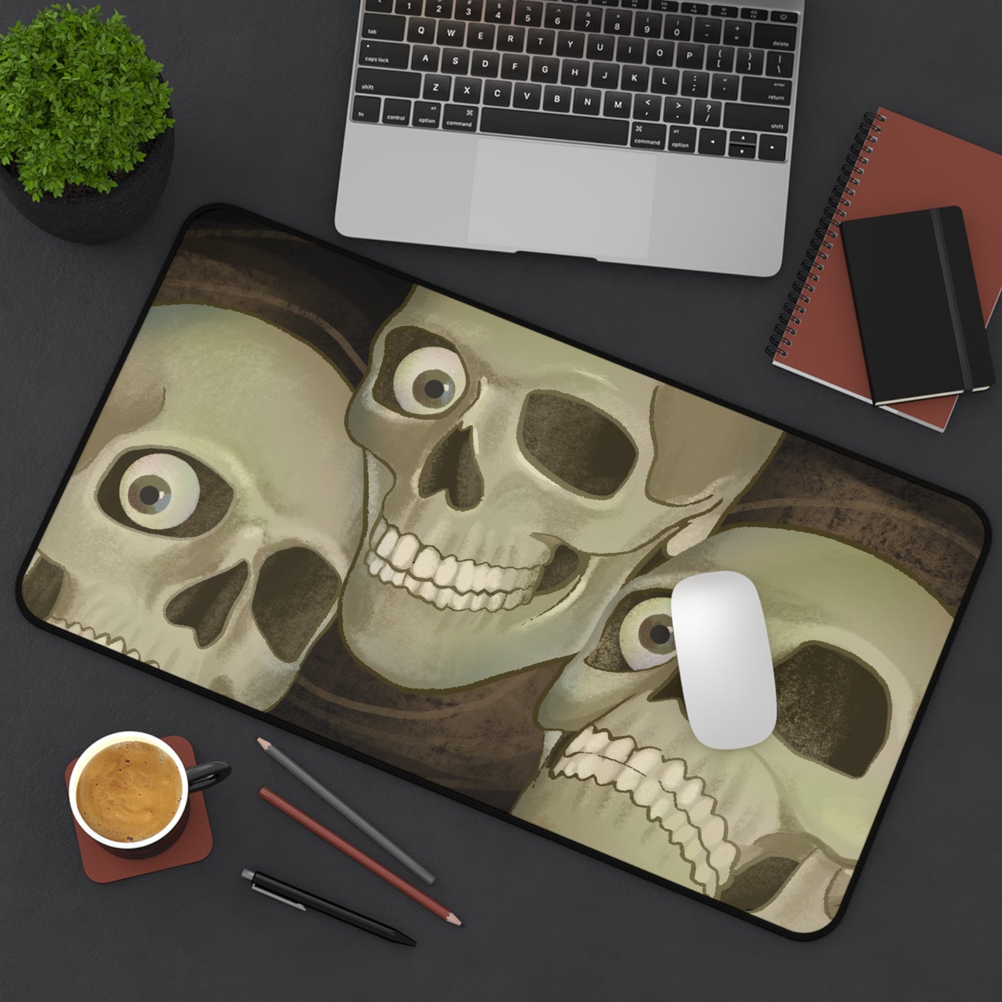 Soda Skull Trio Desk Mat — Spooky Gothic Skull Mouse Pad for Cool People