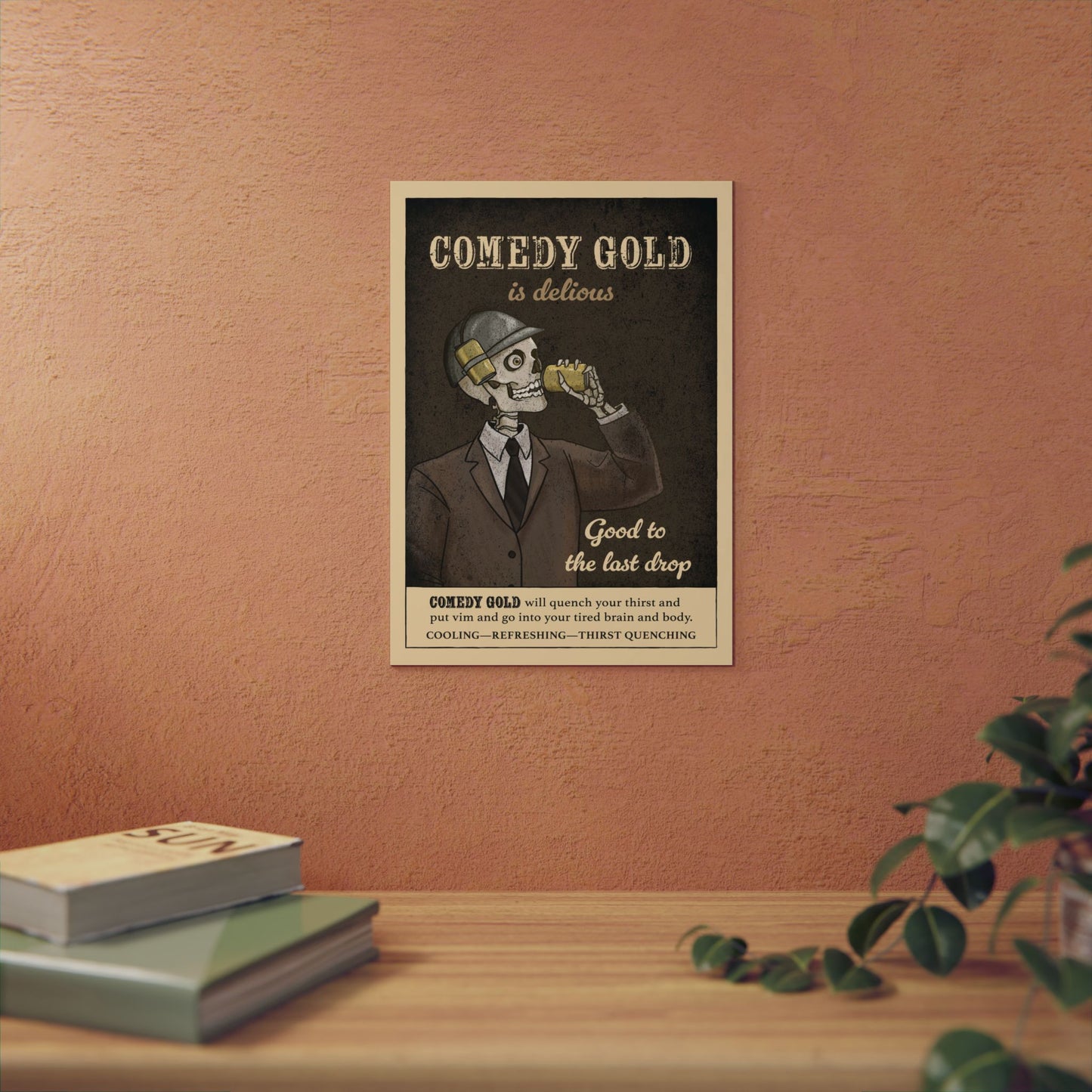 Comedy Gold Poster Aluminum Panel — Retro Skeleton Beverage Art