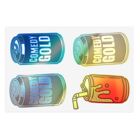 Comedy Gold Soda Can Sticker Sheet — 5-Piece Holographic Drink Stickers