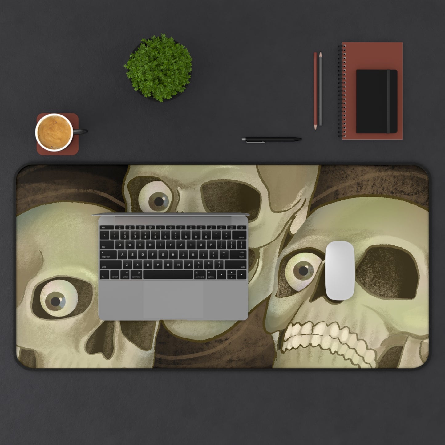 Soda Skull Trio Desk Mat — Spooky Gothic Skull Mouse Pad for Cool People