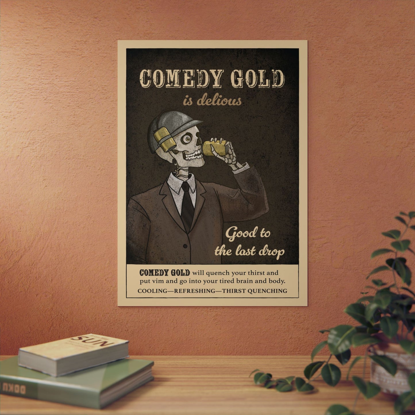 Comedy Gold Poster Aluminum Panel — Retro Skeleton Beverage Art