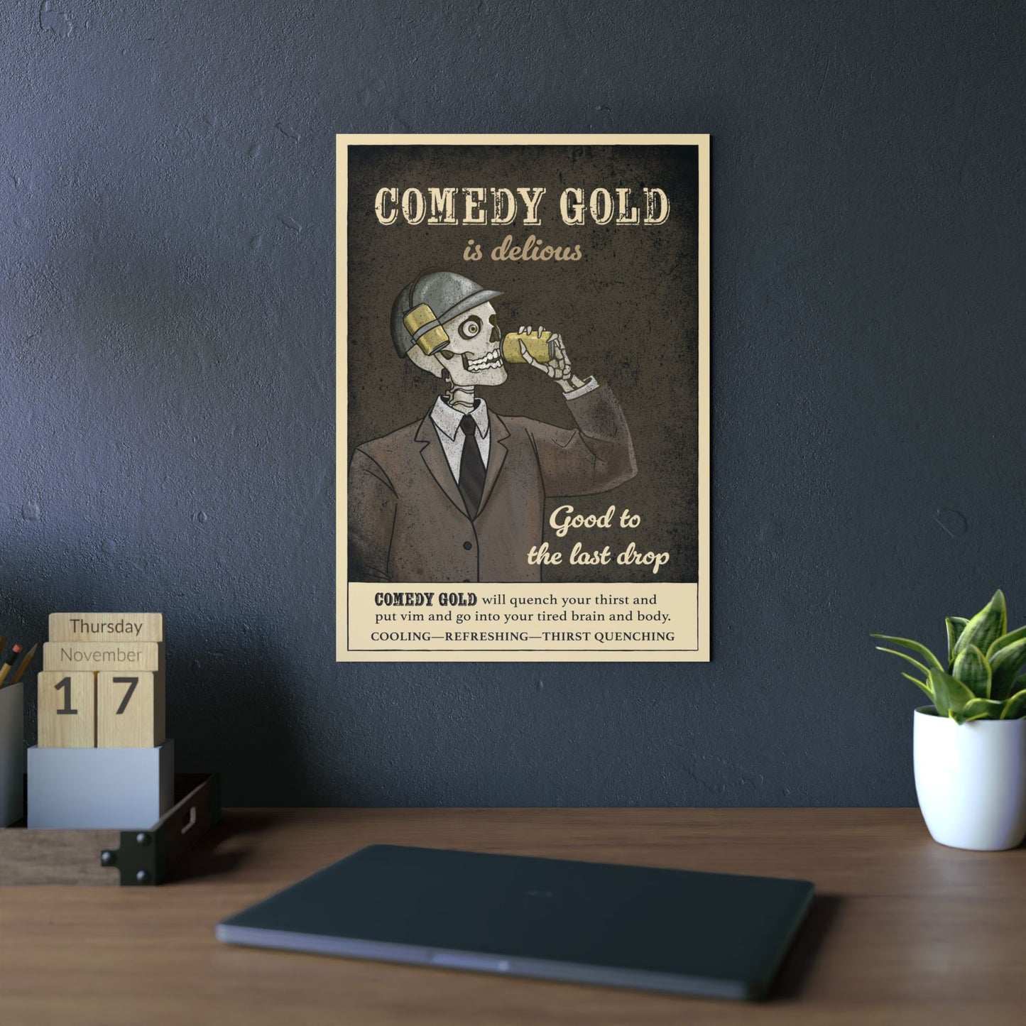 Comedy Gold Poster Aluminum Panel — Retro Skeleton Beverage Art