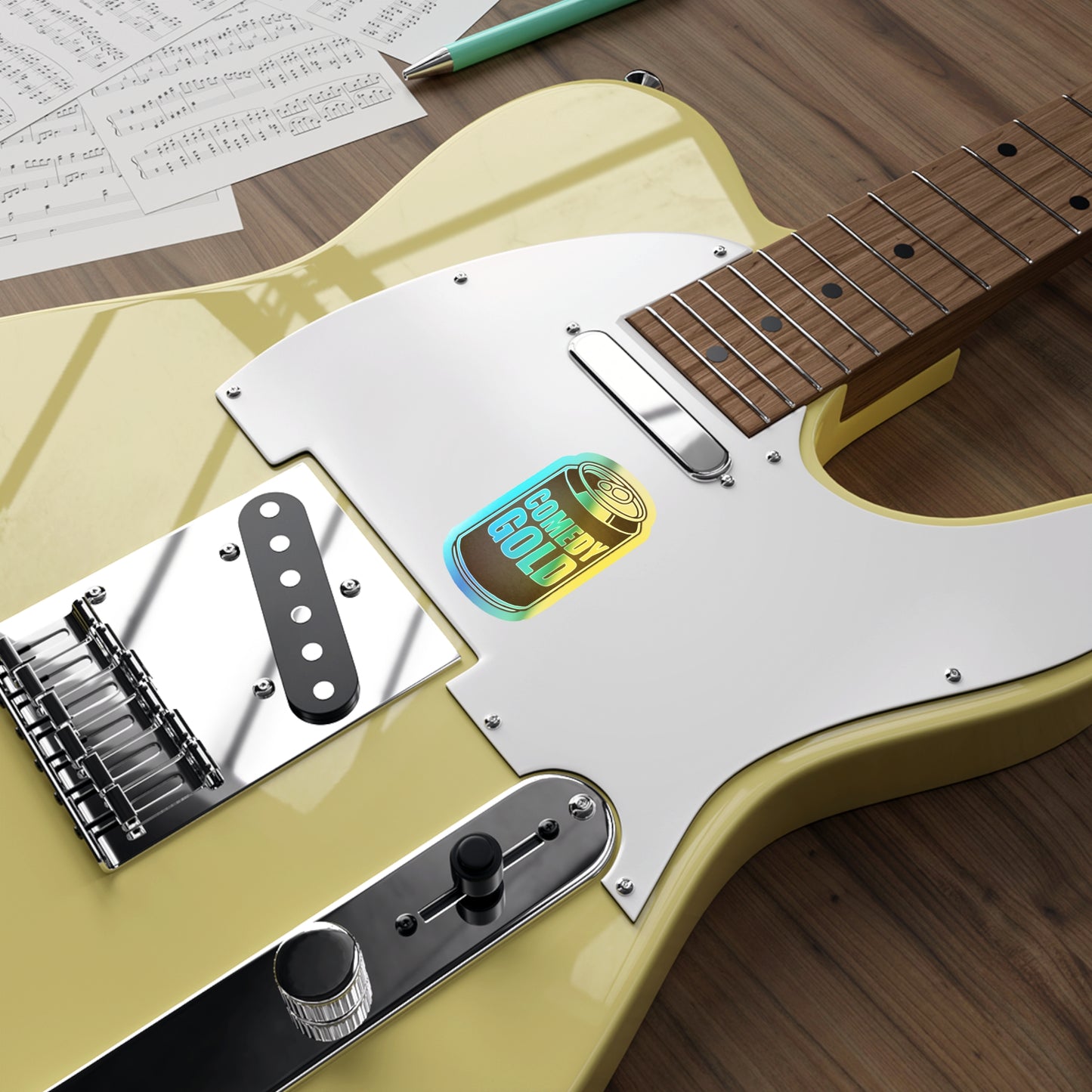 Comedy Gold Holographic Die-Cut Sticker — Iridescent Soda Can Accent