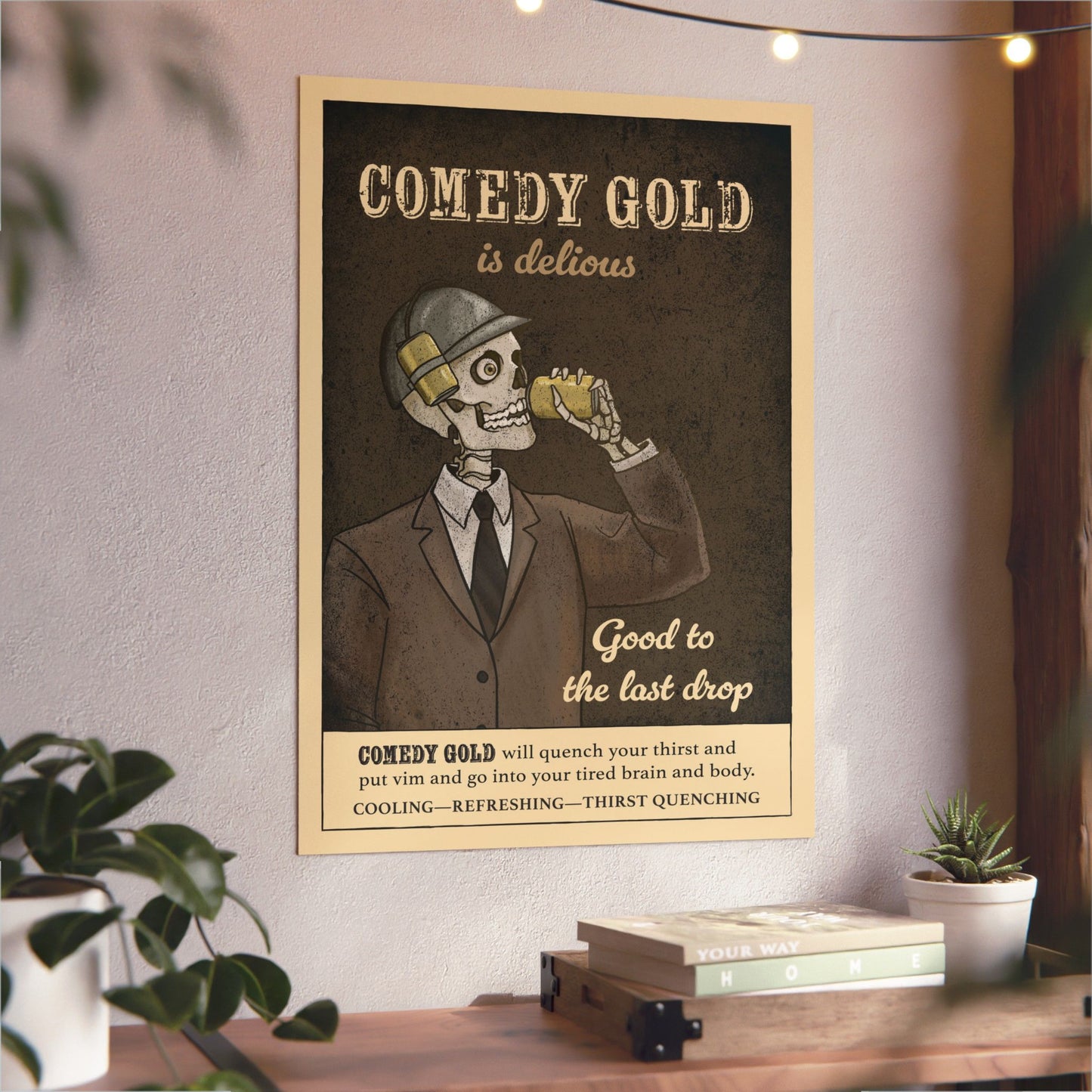 Comedy Gold Poster Aluminum Panel — Retro Skeleton Beverage Art