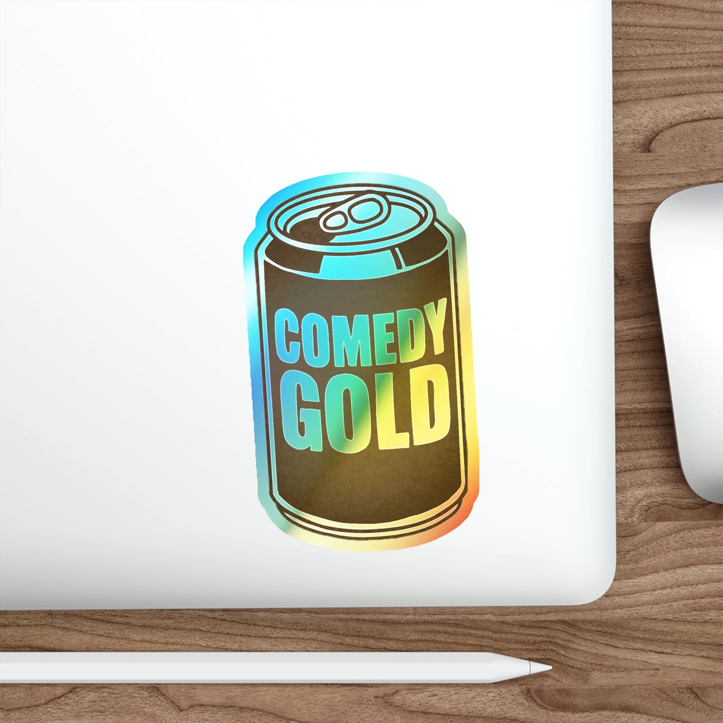 Comedy Gold Holographic Die-Cut Sticker — Iridescent Soda Can Accent