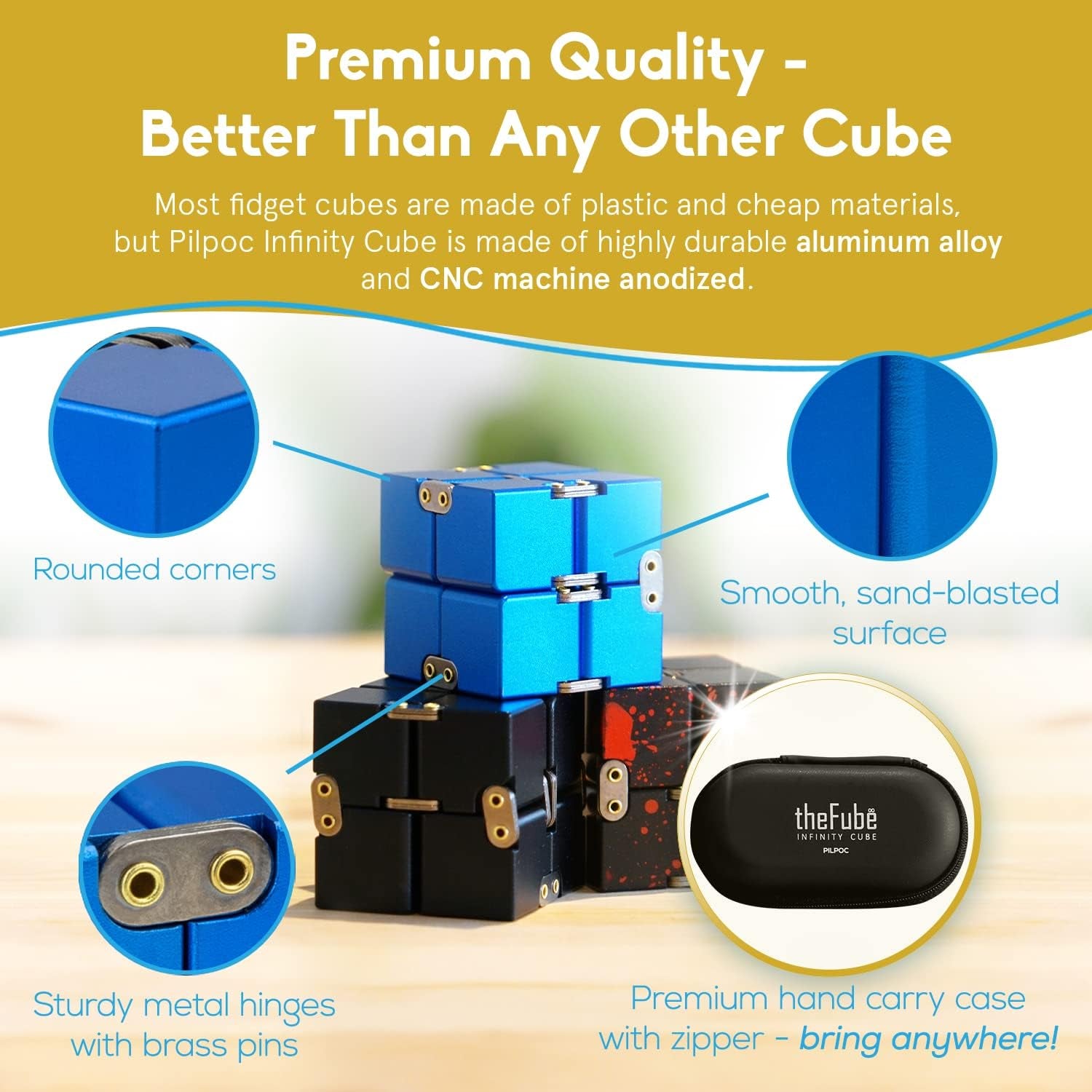 Thefube Infinity Cube Fidget Desk Toy - Aluminum Infinite Magic Cube with Case, Sturdy, Heavy, Relieve Stress and Anxiety, for ADD, ADHD, OCD (Black Red)