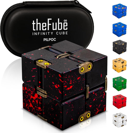 Thefube Infinity Cube Fidget Desk Toy - Aluminum Infinite Magic Cube with Case, Sturdy, Heavy, Relieve Stress and Anxiety, for ADD, ADHD, OCD (Black Red)